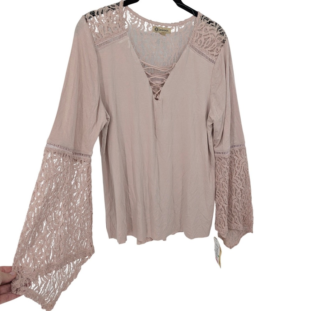 Democracy Top Women Large Pink Lace Bell Sleeve Boho V-Neck Boho Peasant Western